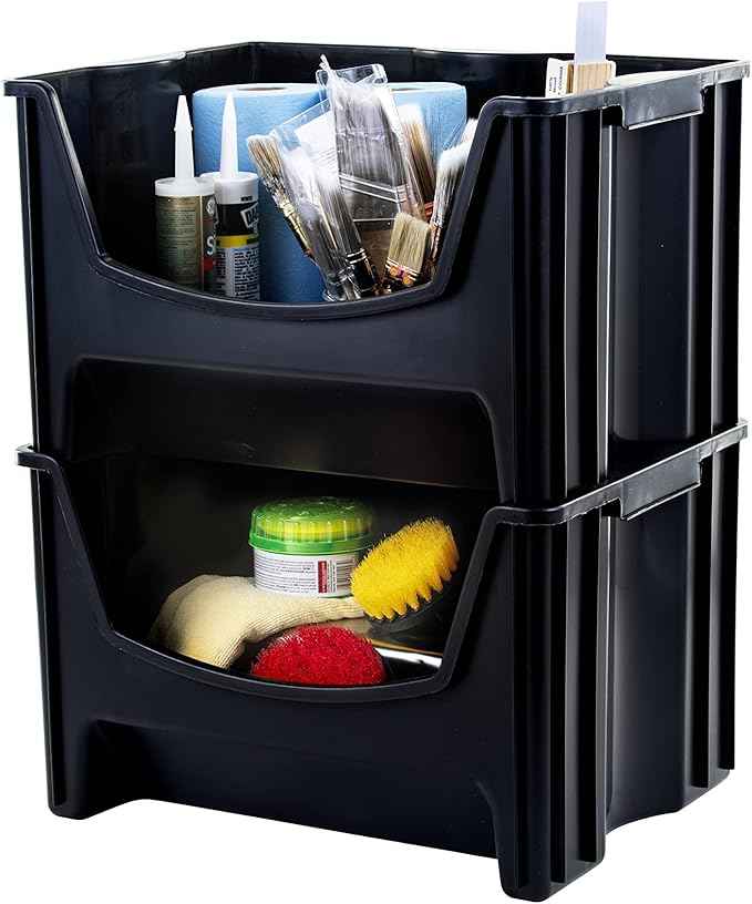 Mighty Tuff Jumbo Stackable Storage Bins, Pack of 3, Easy-Access Storage, Large Easy-To-Grip Handles, Wide Front Opening, Interlocking, Stack Vertically, Black
