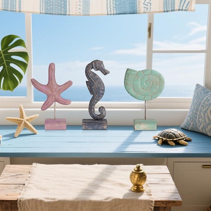 3pcs Wood Handmade Beach Nautical Style Figurines Starfish/Conch/Seahorse Statue Home Decor (Multicolor)