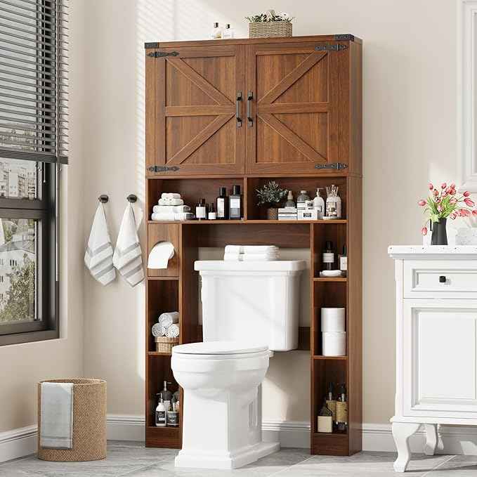 Vabches Over The Toilet Storage Cabinet, Farmhouse Storage Cabinet Over Toilet with 2 Barn Doors ，Toilet Paper Holder Stand，Home Space-Saving Toilet Rack, for Laundry, Restroom, Bathroom.Caramel.