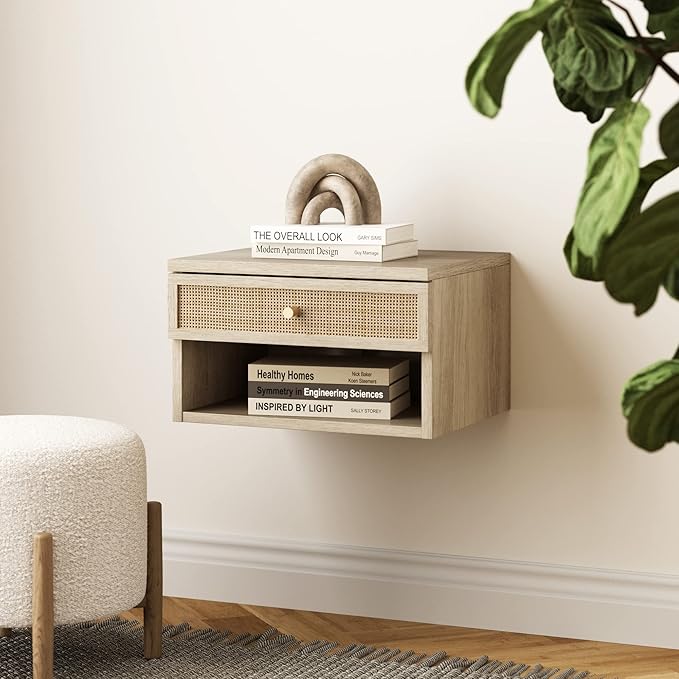 Nathan James Jackson Wall Mounted Rattan Floating Bedroom Nightstand with Storage Drawer and Modern Open Shelf Cubby, Light Oak/Rattan