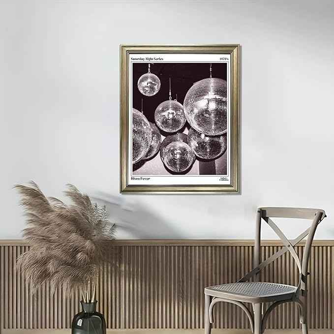 Disco Ball Music Wall Art, Vintage Framed Print Posters for Room Aesthetic Decor, Trendy Retro 70s Decor Funky Wall Art, Preppy Bar Cart Canvas Artwork