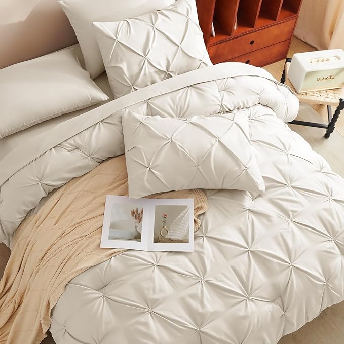 CozyLux Full Size Comforter Sets Oatmeal, 7 Pieces Pintuck Bed in A Bag Oatmeal Comforter Full Size, Pinch Pleat Bedding Sets with All Season Comforter, Sheets, Pillowcases & Shams