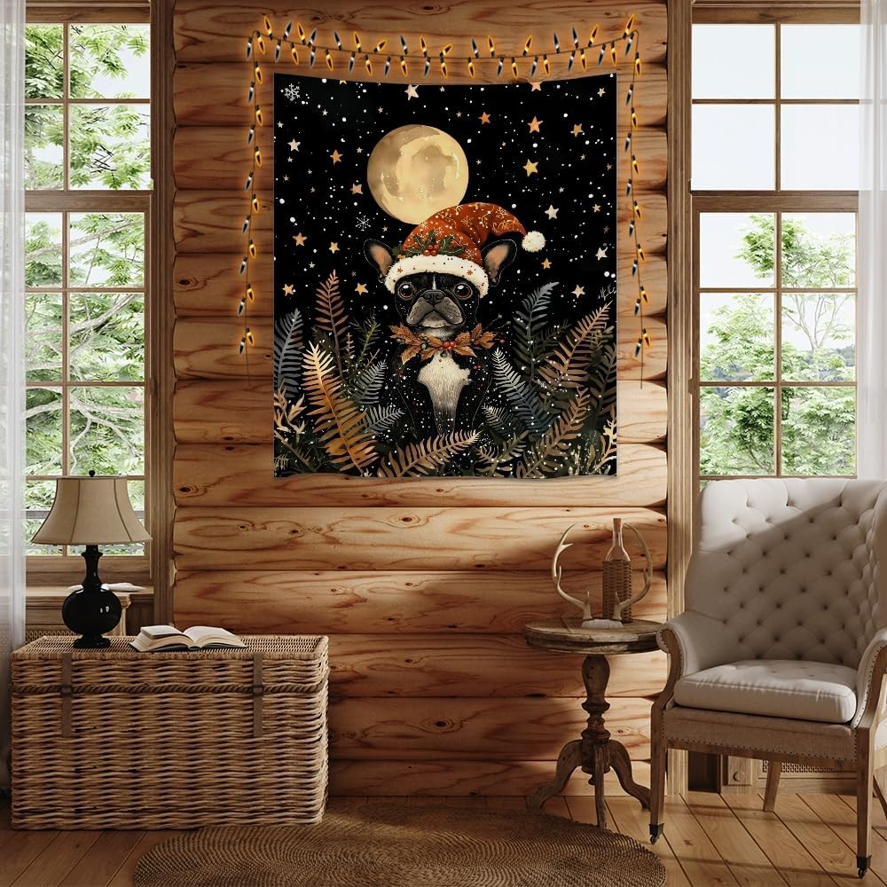 French Bulldog Christmas Tapestry Wall Hanging Cute Dog Santa Hat Moon Pictures Print Pet Lover Gift Funny Christmas Tapestries Aesthetic for Winter Home Nursery Kids Bedroom Decor 70x90inch
