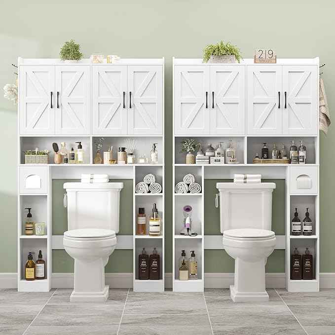 Vabches Over The Toilet Storage Cabinet with 4 Barn Doors, Bathroom Organizer with Toilet Paper Holder & Adjustable Shelves, Space-Saving Farmhouse Toilet Shelf for Bathroom,Restroom,Laundry