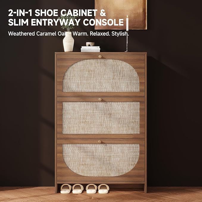 Nicetree Freestanding Ultra Slim Arched Rattan Accent Shoe Storage Cabinet for Entryway - 3 Flip Drawers & 3-Tier Adjustable Shelves, Farmhouse Modern Rustic Shoe Rack for Hallway Foyer,Oak