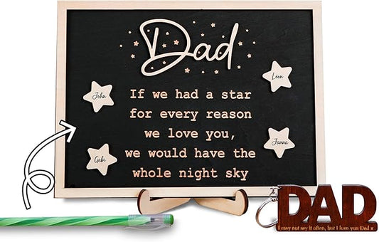 VinaTimes Personalized Star Dad and Kids Framed Sign Father's Day DIY Wooden Engraved Plaque Gifts From Daughter, Son,Wife DIY Family Names Gift for Papa Grandpa FR118-DAD