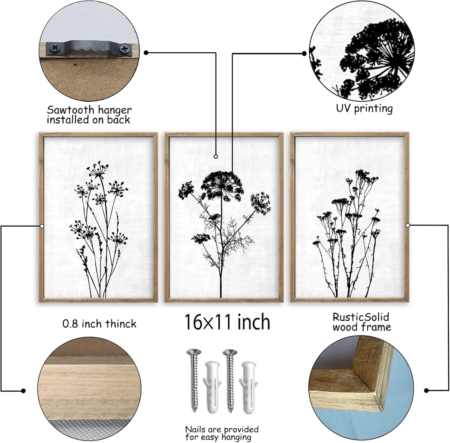 Flower Plant Wall Art Decor 16"x11" Set of 3 Black And White Botanical Painting Wood Framed For Minimalist Bedroom Office Rustic Living Room Abstract Wildflower Sign Hanging (Wood White)