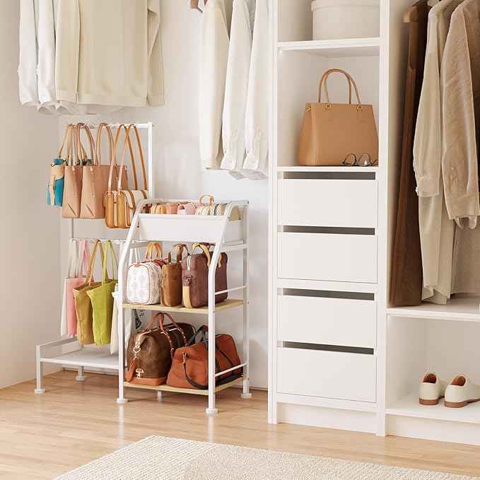Purse Organizer for Women - 3-Tier Storage Stand & 12 Fixed Hooks, Visible Backpack Storage, Space-Saving Bag Organizer Rack for Home, Closet, White