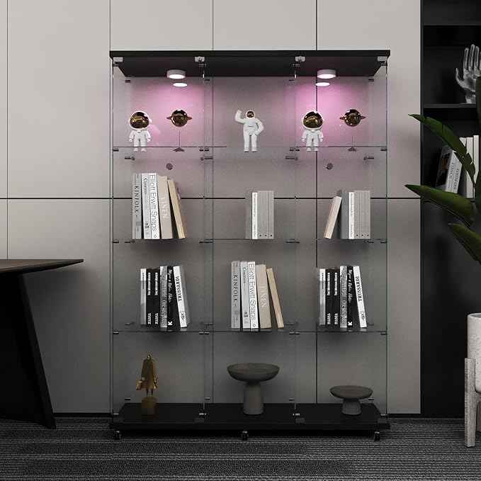 Beauty4U Glass Display Cabinet with LED Lights, Extra Large 3 Columns 2 Doors Curio Cabinets with 12 Shelves for Living Room, Bedroom, Office, Black Floor Standing DIY Glass Bookshelf