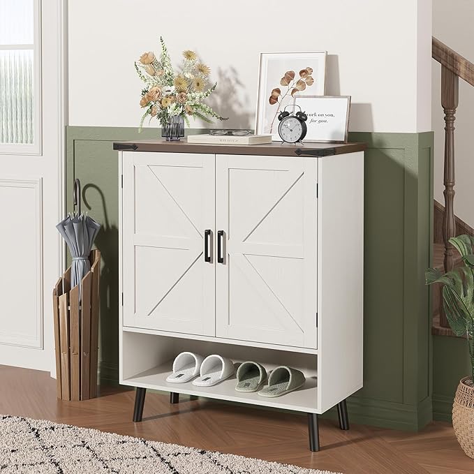 Vabches Farmhouse Shoe Storage Cabinet with Doors, 5 Tier Small Shoe Cabinet with Adjustable Shelves and Metal Legs, 34" Tall Shoe Rack Organizer for Entryway, Foyer, White