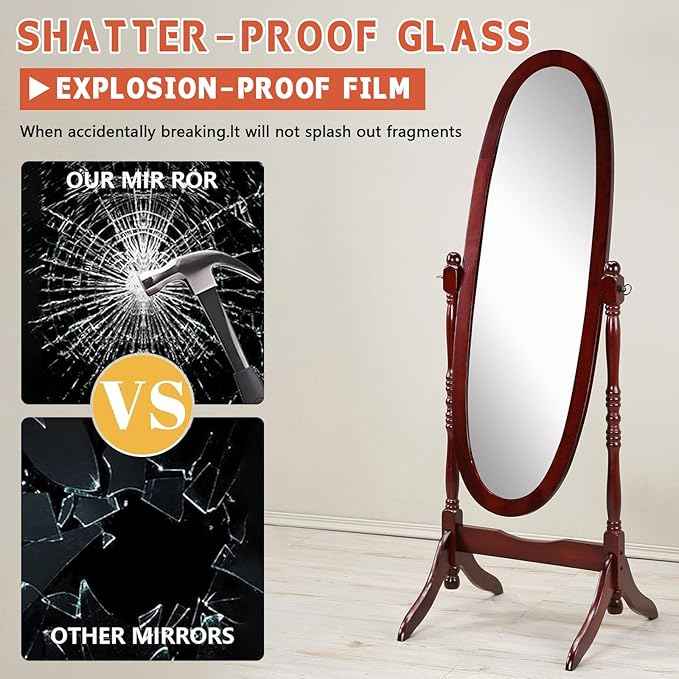 Full Length Mirror with Stand, Swivel Adjustable Oval Wood Cheval Floor Mirror, Dressing Cheval Mirror for Bedroom Livingroom, Interior Gift Idea (Cherry)
