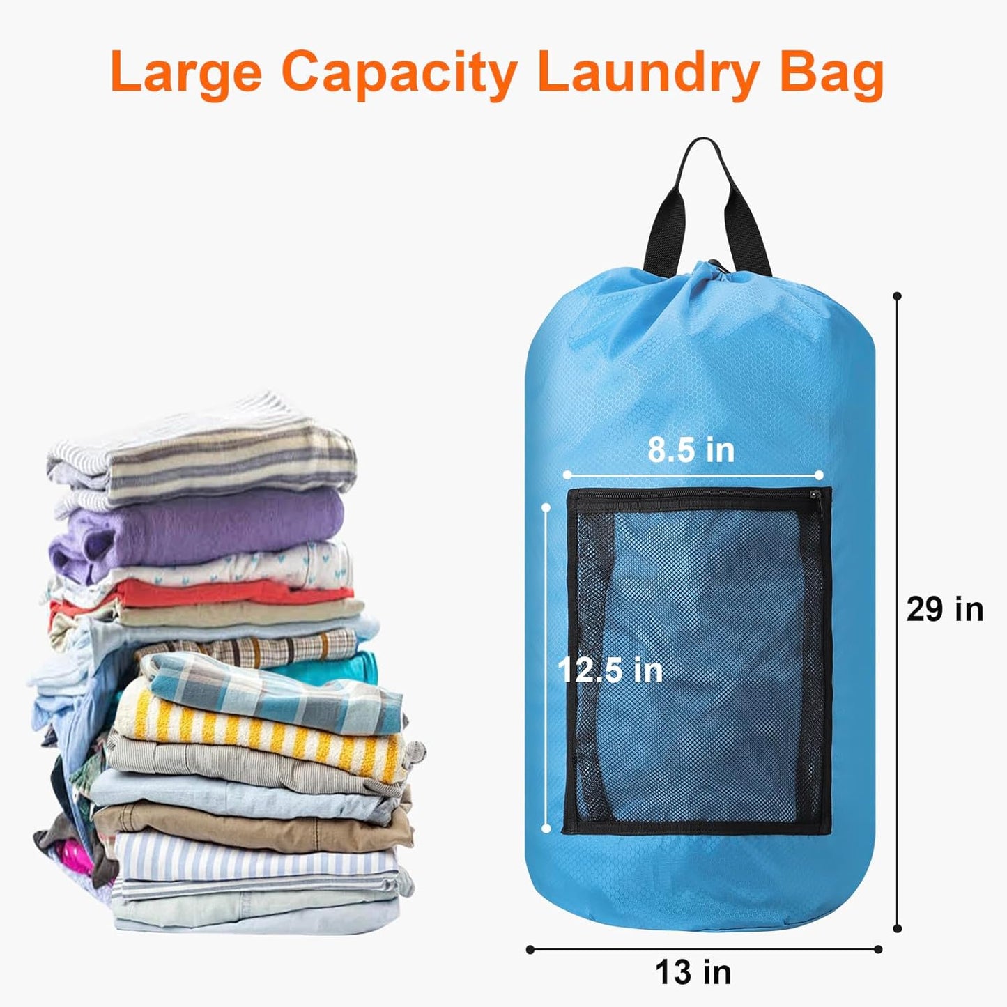 Femuar Laundry Bag Backpack Durable Laundry Bag with Shoulder Straps and Mesh Pockets Portable Laundry Dirty Clothes Hamper Bag for College Dorm (Blue)
