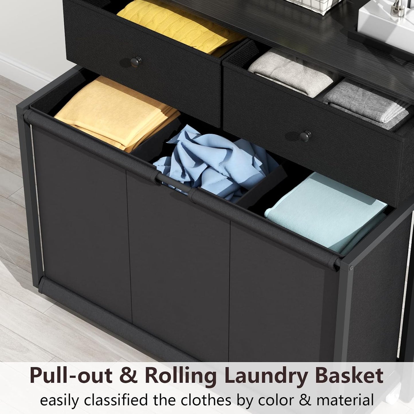 Laundry Hamper Laundry Basket with 3 Section Pull-Out Rolling Bags & 2-Tier Storage Shelf, Laundry Sorter for Organization and Storage with 2 Drawers for Laundry Room, Bathroom
