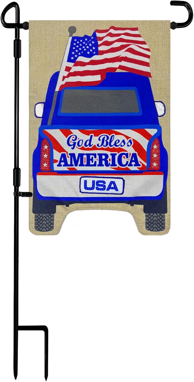 TOPFLAGS Garden Flag Stand with American Garden Flags God Bless America and Car Yard Flag 12x18 Inch Holder Pole Stake Double Side for Outside with Clips and Stopper for Memorial Day 4 th of July