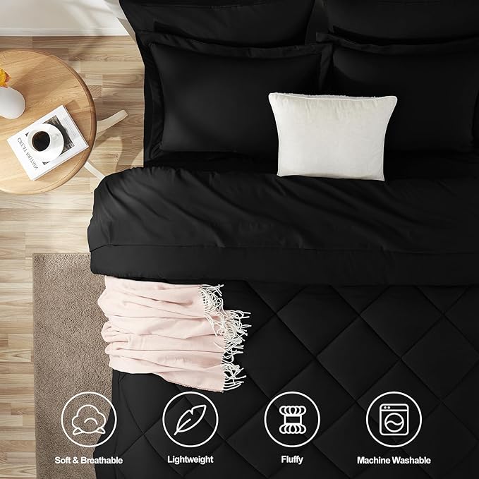 CozyLux Queen Comforter Set Black - Bed in a Bag Queen Size 7 Pieces, Luxury Soft Bed Set for All Seasons, Bedding Set with Down Alternative Comforter, Sheets, Pillowcases & Shams (Pack of 2)
