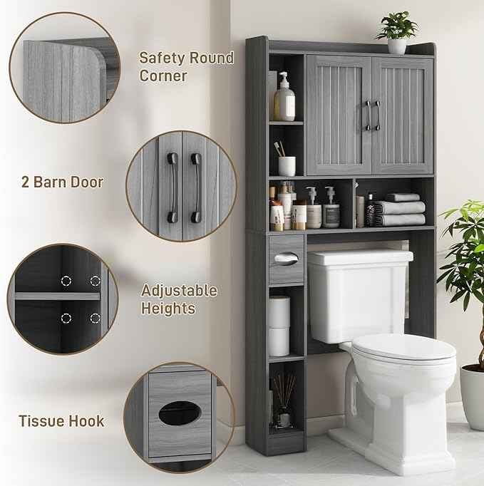 Vabches Over The Toilet Storage Cabinet, Farmhouse Storage Cabinet Over Toilet with Barn Door，Home Space-Saving Toilet Rack for Bathroom, Restroom and Laundry.（Wash Grey）