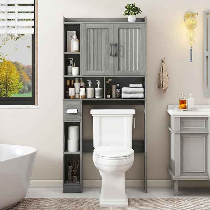 Vabches Over The Toilet Storage Cabinet, Farmhouse Storage Cabinet Over Toilet with Barn Door，Home Space-Saving Toilet Rack for Bathroom, Restroom and Laundry.（Wash Grey）