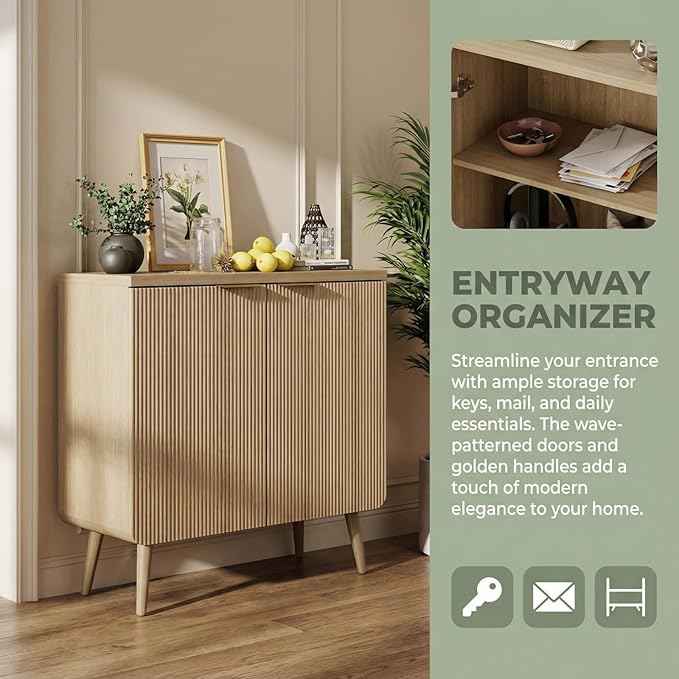 29.5" Modern Fluted Sideboard Cabinet with 2 Doors, Wood Storage Credenza with Shelves, Multi-Purpose Buffet Cabinet for Entryway, Dining & Living Room, Natural Wood