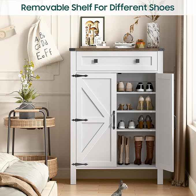 Vabches Shoe Storage Cabinet, 5-Tier Farmhouse Shoe Cabinet with Adjustable Shelves & Drawer, Wooden Shoes Rack Cabinets Storage Organizer with Doors for Entryway, Hallway, Closet, Living Room, White