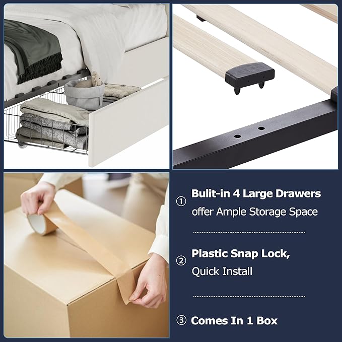 VECELO Full Size Bed Frame with 4 Storage Drawers, Adjustable Height Headboard, Heavy-Duty Platform Bedframe with Strong Wooden Slats, No Box Spring Needed, Pale Beige