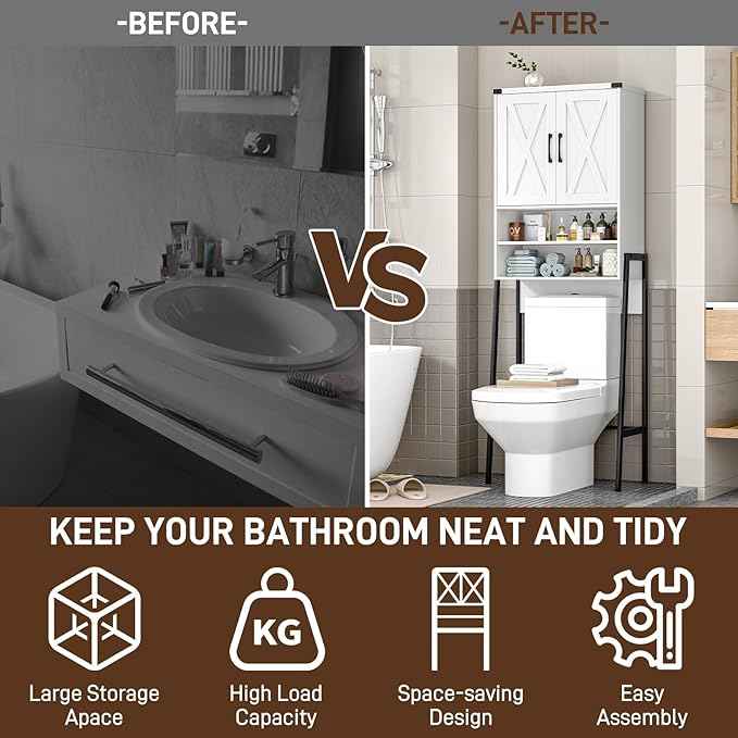 Vabches Over The Toilet Storage Cabinet, Farmhouse Over Toilet Storage Cabinet, Metal Frame with 2 Barn Doors, Home Space-Saving Toilet Rack for Bathroom, Toilet, Laundry Room