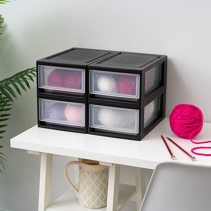 IRIS USA 6 Qt. Small Plastic Stacking Drawer, Stackable Storage Organizer Unit with Sliding Drawer for Bedroom Kitchen Under Sink Pantry Craft Room Dorm Office, Black, 4-Pack