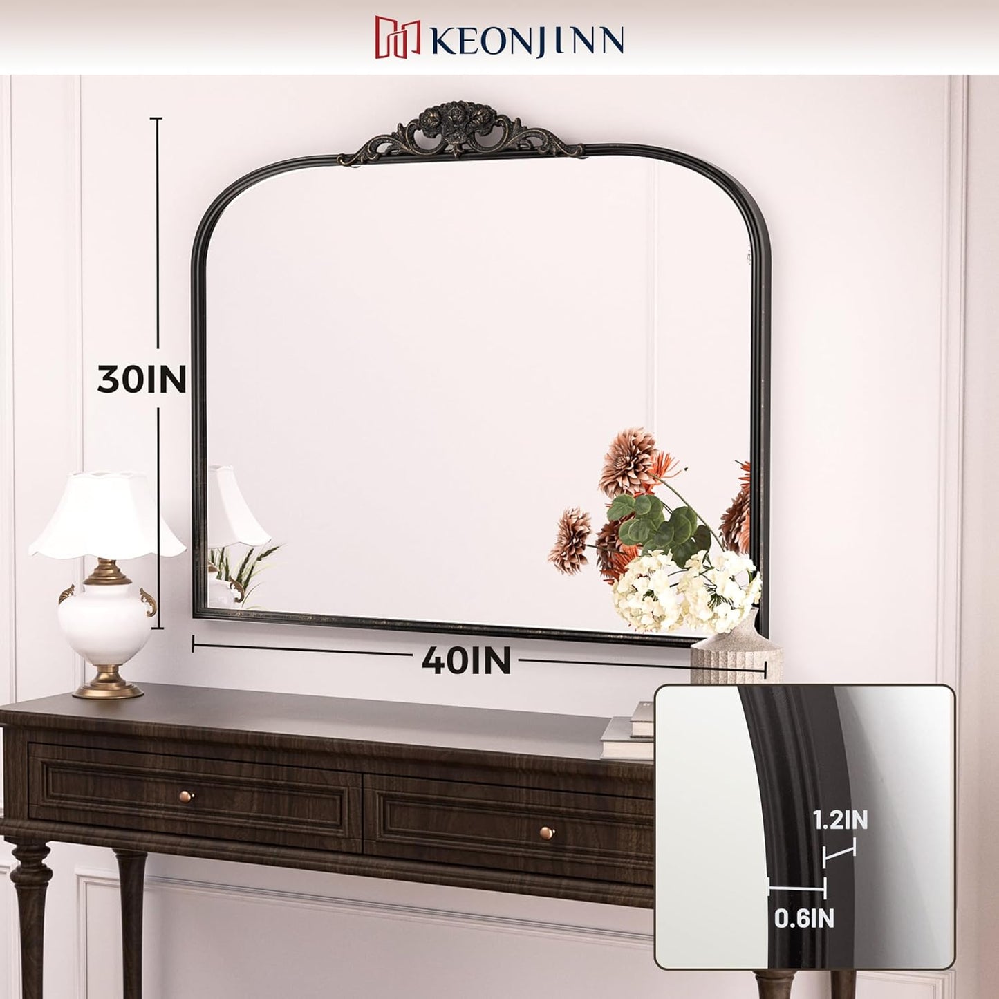 Keonjinn Vintage Mirror 40" x 30", Large Black Antique Mirror with Metal Frame, Ornate Arched Mirrors for Wall, Baroque Decoration for Mantle, Bathroom, Living Room, French Cleat Mounting