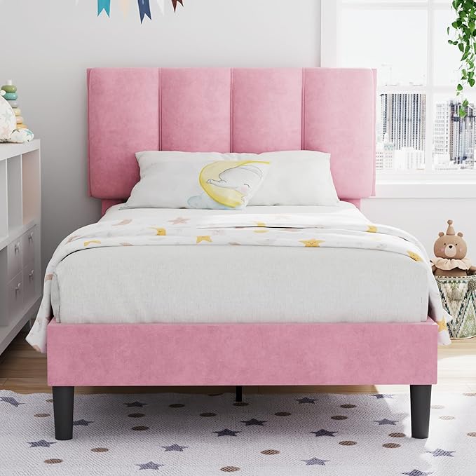 VECELO Twin Bed Frame with Upholstered Headboard, Heavy-Duty Platform Bedframe with Strong Wooden Slats Support, No Boxing Spring Needed, Pink