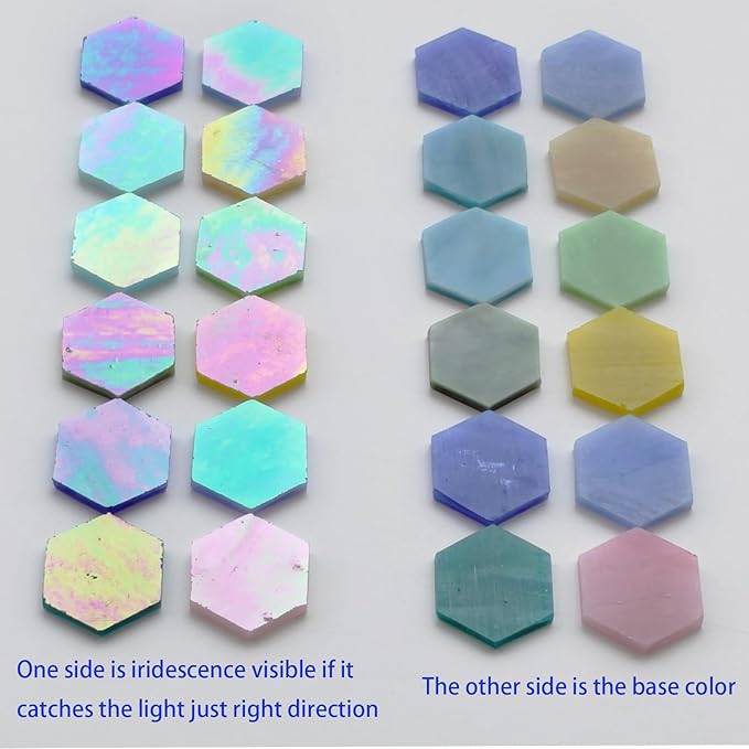 100 pcs Hexagon Iridescence Stained Glass Pieces Mosaics Tiles for Crafts Bulk, Hand Precut Mosaic for Bee Honeycombs, Mosaic Kits for Adults