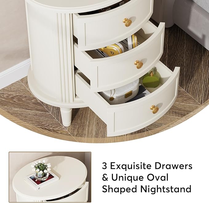 LITTLE TREE No Assembly Nightstand with 3 Drawers, Farmhouse Off-White Bedside Table for Bedroom, All Wooden Oval Nightstand with Storage