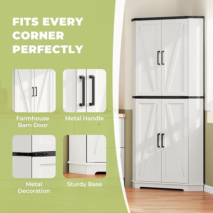 Dripex 71" Corner Cabinet White, Farmhouse Kitchen Pantry Cabinet with Doors Storage & Adjustable Shelves, Tall Corner Storage Cabinet with LED Light, Food Pantry for Living Room, Dining Room