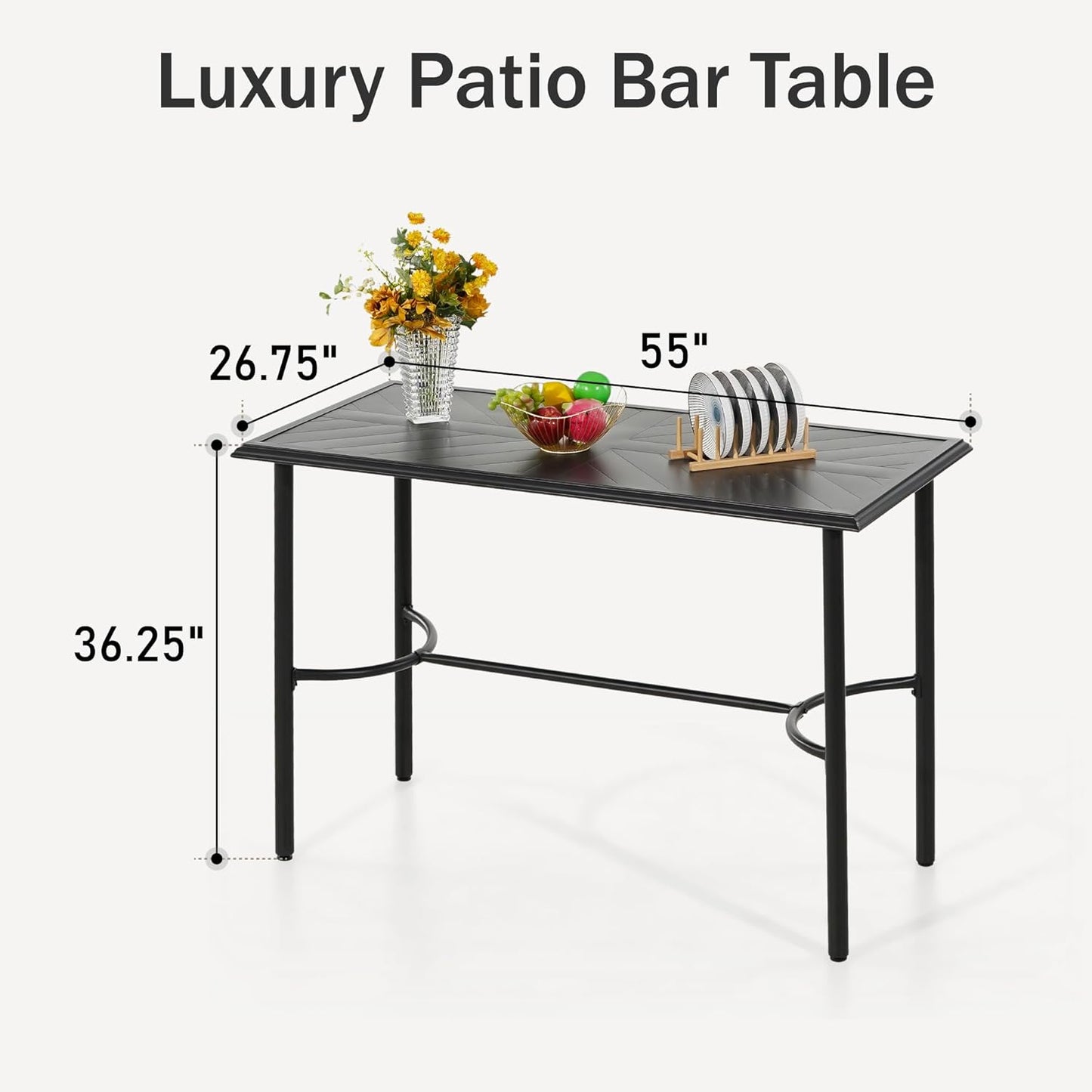 PHI VILLA Outdoor Patio Bar Table for 4-6, Counter Height Rectangle Bar Table with All Weather Metal Steel Frame Black for Outside, Yard, Garden and Deck