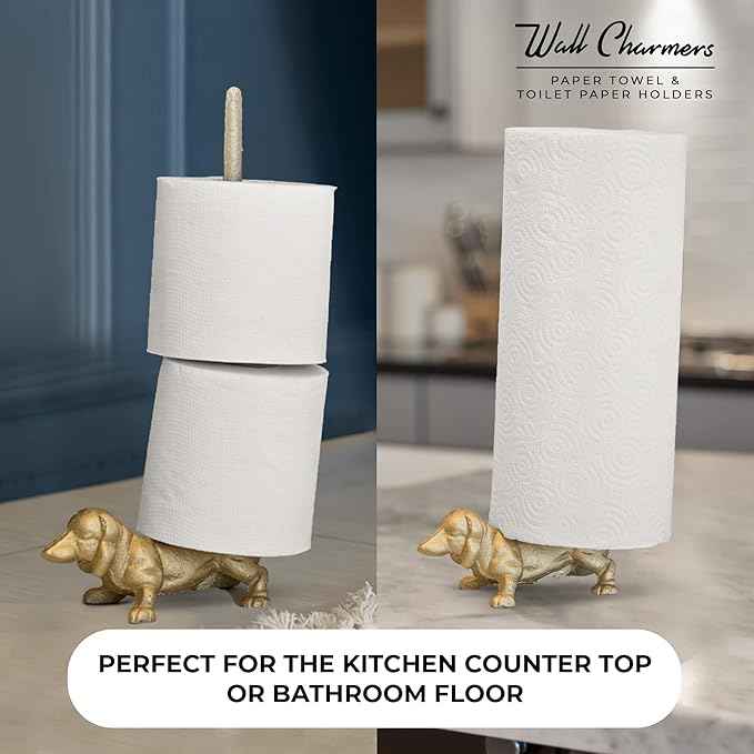 WallCharmers Gold Paper Towel Holder, Metal Toilet or Kitchen Paper Holder for Floor or Countertop, Gold Dog