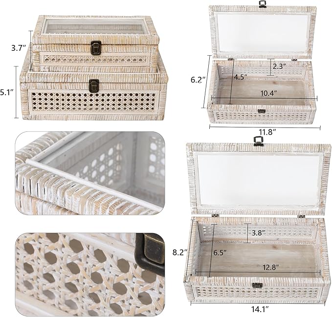 Rattan and Cane Stacking Boxes with Glass Top Lid - Set of 2 11.8" and 14.1", for Boho and Rustic Farmhouse Decor, White Wash