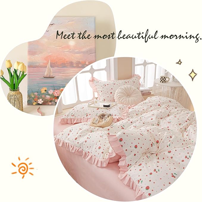 Kawaii Strawberry Comforter Set Queen Girls Ruffle Comforter Set 3 Pieces Floral Bedding Comforter Fluffy Soft Microfiber Fruit Strawberry Bedding Set Romantic Ruffled Comforter with 2 Pillowcases