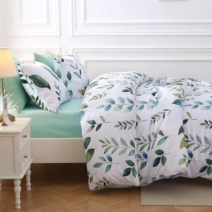 MUXHOMO Grey Green Foliage Full Comforter Set, Elegant Floral Print Bed in a Bag 7 Pieces, Soft & Breathable Reversible Botanical Pattern Bedding Set with Comforter, Sheets, Pillowcases, and Shams