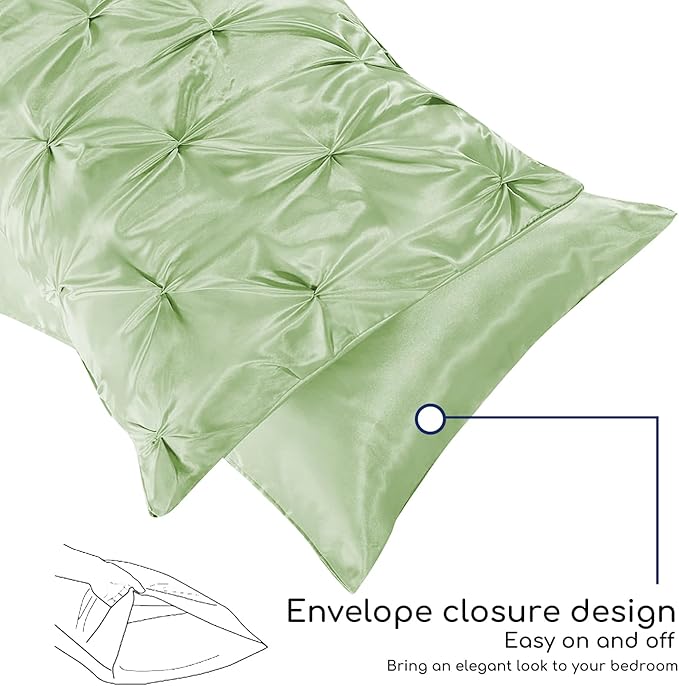 MR&HM Satin Comforter Queen 7 Pieces - Luxurious Pinch Pleat Bedding Set with Comforter, Flat Sheet, Fitted Sheet, Pillowcases & Shams, Super Silky Soft Bed Set for All Season (Queen, Light Sage)