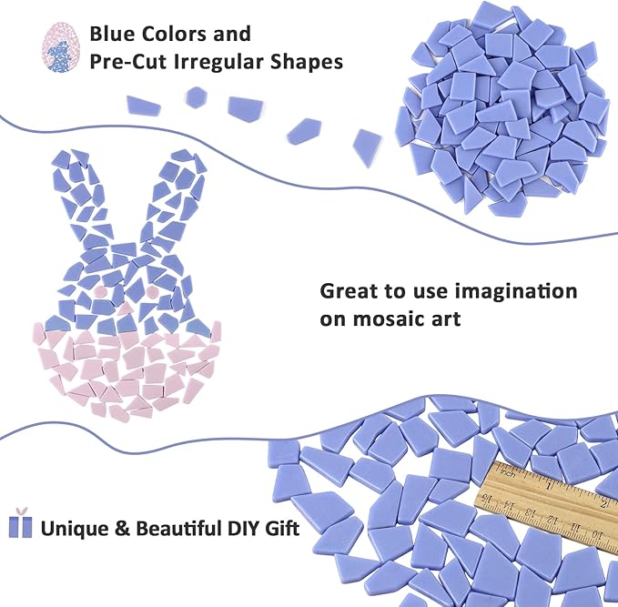 Youway Style Blue Glass Mosaic Tiles for Crafts Bulk,200g Broken Glass Pieces for DIY Spring Garden Mosaic Art Decor,Easter Decor