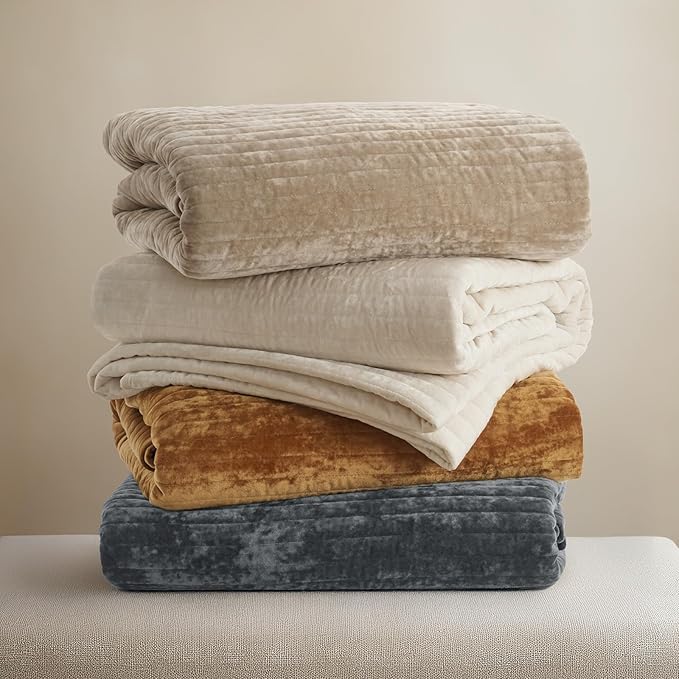 EVERGRACE Velvet Quilt Set Queen Size, Luxurious Soft Striped Channel Bedding Set, Lightweight Velvet Comforter for All Season, Oversized Bedspread Coverlet with 2 Matching Shams, Beige