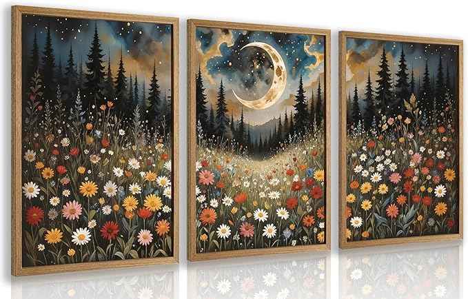 Cyebmo Boho Wildflower Wall Art, Moon Forest Wall Decor, Rustic Mountain Landscape Flower Art Prints, Mystical Starry Night Poster Prints for Living Room Bedroom Office Wood Framed 12''x16''x3