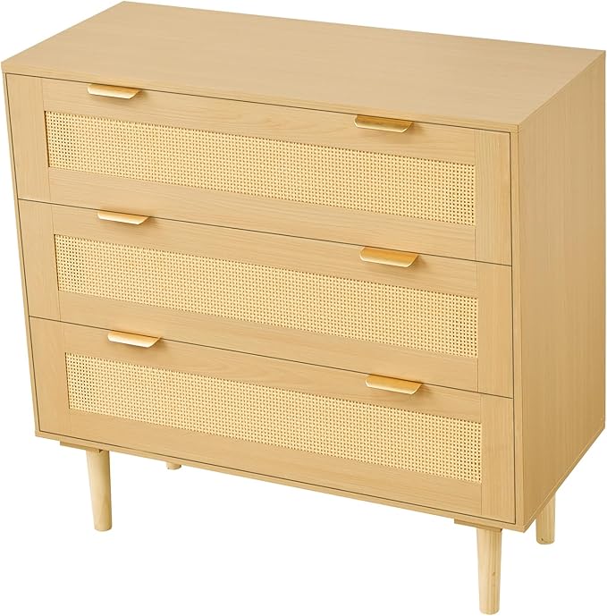 VEVOR 3 Drawer Rattan Dresser, Small Boho Dresser for Bedroom, 31.5" Wide Chest of Drawers with Metal Handles & Wooden Legs, Wood Clothing Storage Closet for Living Room, Hallway, Natural Oak