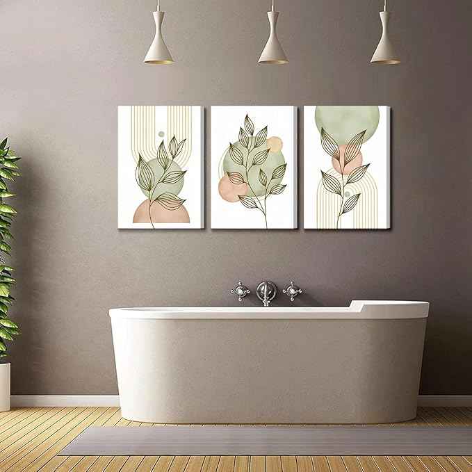 3Pcs Framed Sage Green Boho Canvas Wall Art Modern PinkBotanical Posters Print Abstract With Leafr Pictures Wall Decoration For Living Room Bedroom Bathroom
