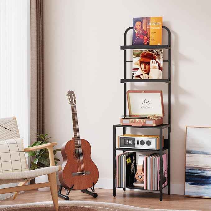 Record Player Stand with Vinyl Storage - 5-Tier Turntable Table with Adjustable Feet, Metal & Wood Cabinet - Console Organizer Display Shelf for Living Room, Apartment