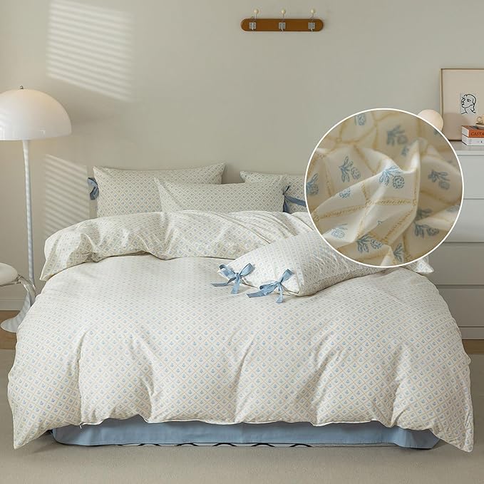 LifeTB Botanical Flower Comforter Set King Size Chic Blue Floral Bedding Comforter Vintage Style King Bed Comforter with 2 Bow Tie Pillowcases Boho Farmhouse Bedding Floral Aesthetic Comforter Set