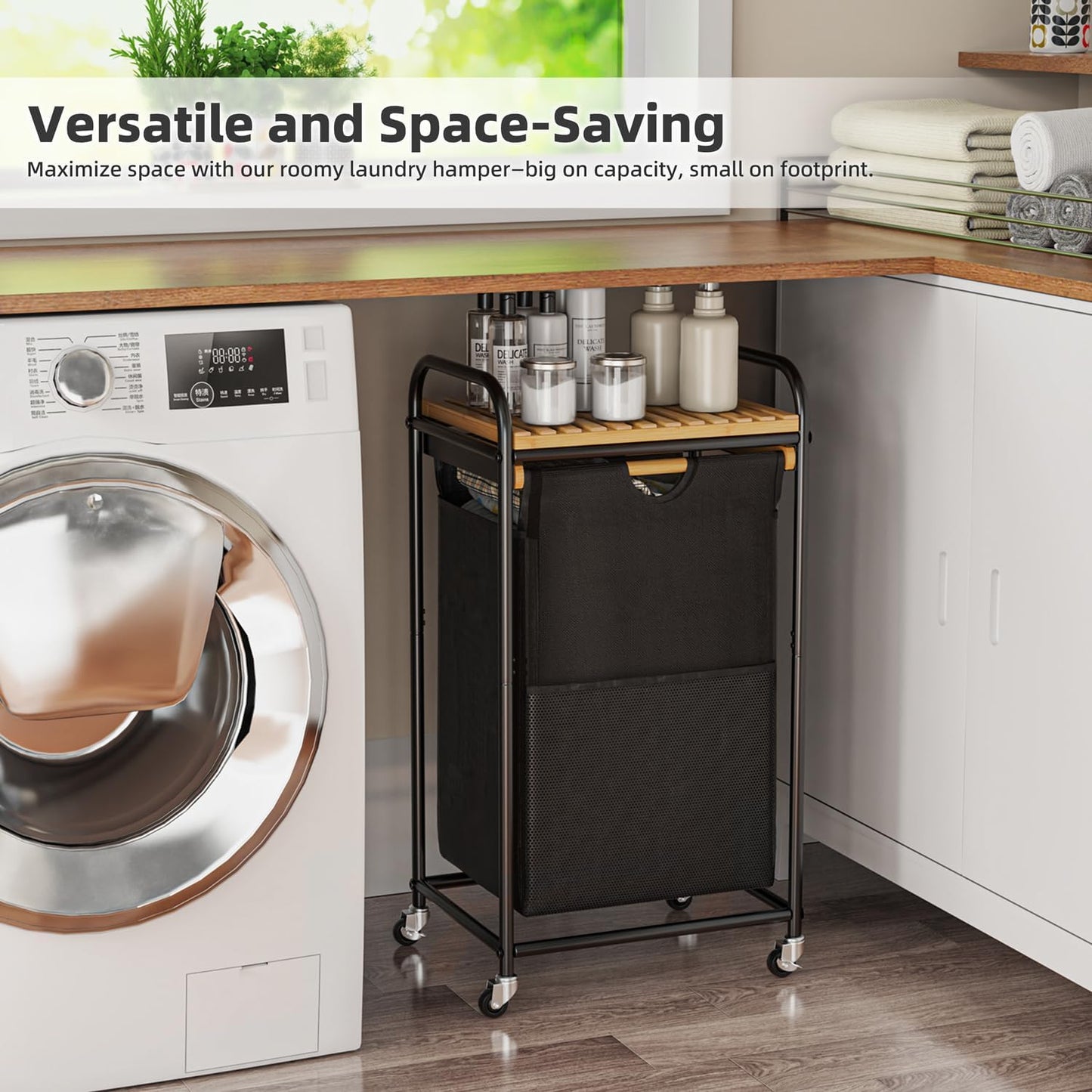 Laundry Hampers 1 Section, Laundry Sorter with Removable Shelf and Pull-Out Bags, Clothes Hampers with Wheels Rolling Cart Basket for Laundry Room Bathroom, 50 L (Black)