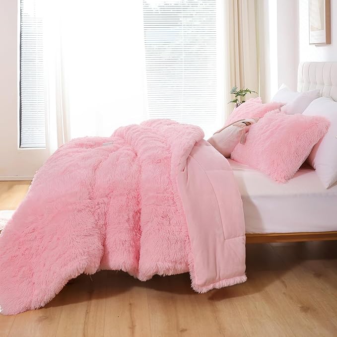 Smoofy Fluffy Queen Comforter Set, Faux Fur Pink Comforter Set Queen Size, Luxury Fuzzy Bedding Set, Soft Shaggy Bed Set Pink for All Season, 3 Pieces - 1 Comforter & 2 Pillowcases