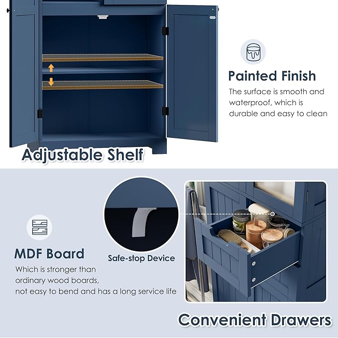 67'' Tall Bathroom Storage Cabinet, Linen Cabinet with Glass Doors and Adjustable Shelves, Kitchen Pantry with 2 Drawers for Bathroom, Living Room, Dining Room, Blue