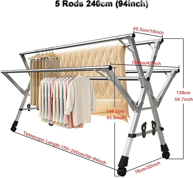 5Poles Clothes Drying Rack, Portable Drying Rack Clothing, Blanket Rack Clothesline with 20 Windproof Hooks for Indoor/Outdoor Use