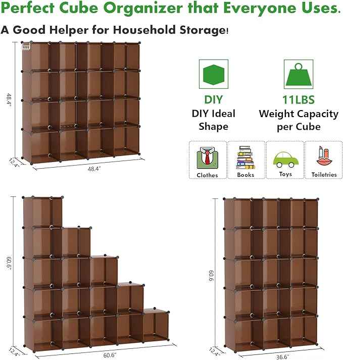 C&AHOME 16-Cube Storage Organizer, Plastic Shelves Units, DIY Closet Organizer, Modular Shelves Ideal for Home, Bedroom, 48.4" L 12.4" W 48.4" H Brown UPCS16C