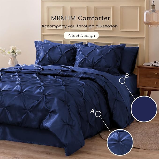 MR&HM Satin Comforter Twin 5 Pieces - Luxurious Pinch Pleat Bedding Set with Comforter, Flat Sheet, Fitted Sheet, Pillowcase & Sham, Super Silky Soft Bed Set for All Season (Twin, Navy Blue)